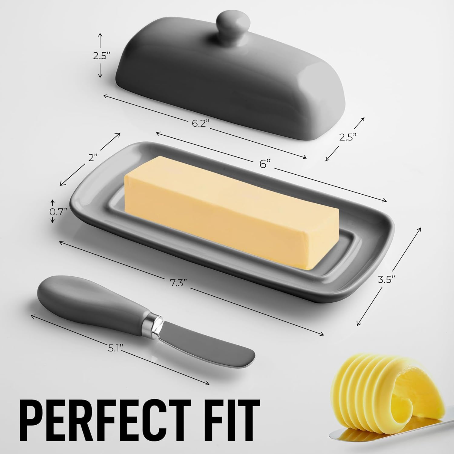 Zulay Butter Dish With Lid For Countertop - Porcelain White, Ceramic Butter Dish with Knob Handle Great for Cooking - Elegant Design Butter Holder - Durable & Sturdy Butter Keeper - Gray