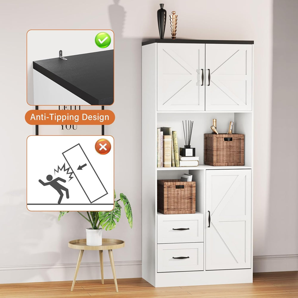 Bigbiglife Farmhouse Kitchen Pantry Cabinet with LED Lights and Power Strip, ...