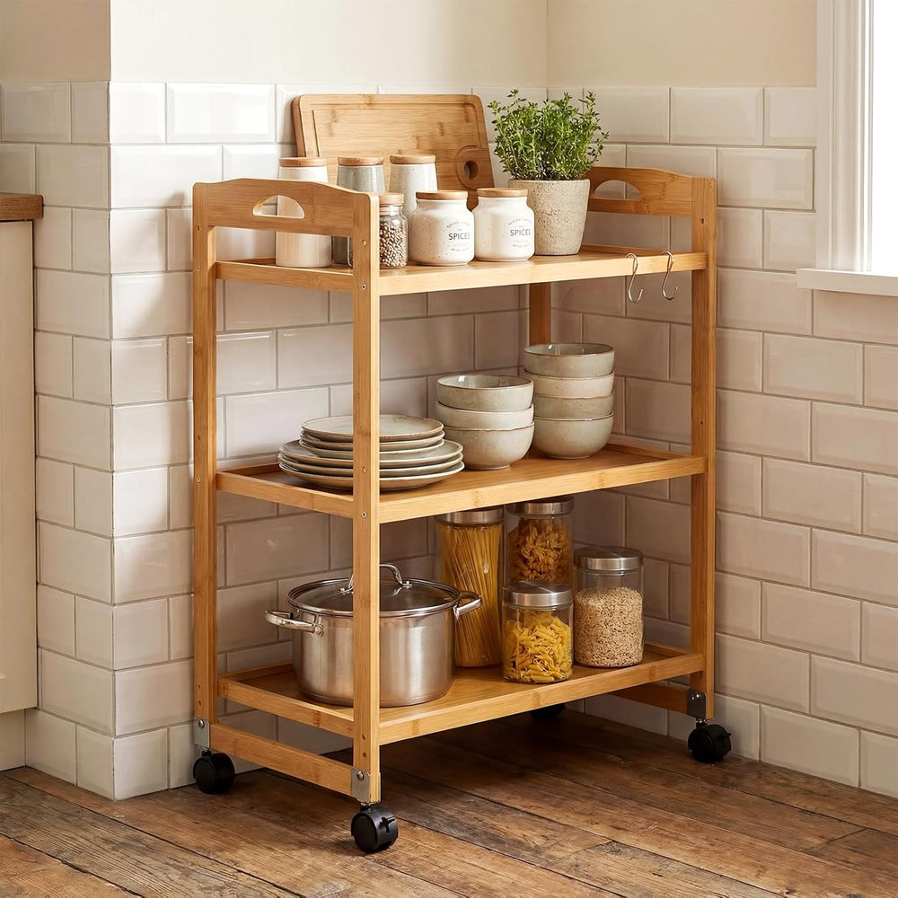 3 Tier Rolling Cart, Bamboo Storage Cart on Wheels with 3 Side Hooks & Ad...