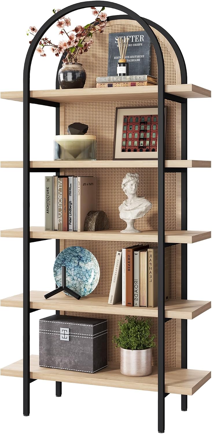 Yusong Bookshelf Rattan 5 Tier Arched Bookcase, 74" Tall Industrial Open...