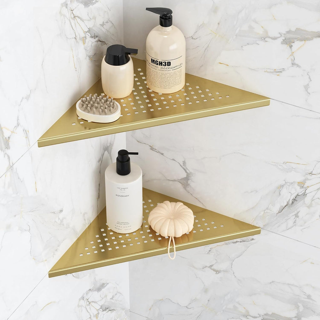 Corner Shower Shelves, 10” Recessed Tile Shower Shelf Brushed Golden, 304 Stainless Steel Grout in Corner Tile Shower Shelves, No Drilling, 2 Pack