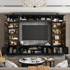 WOODTIME 114" Large Wall Unit Entertainment Center with Bookshelves, Lights and 18 Shelves, Modern 4-Piece TV Stand Media Console Table with Bridge Cabinet for Living Room & Home Theater, Black