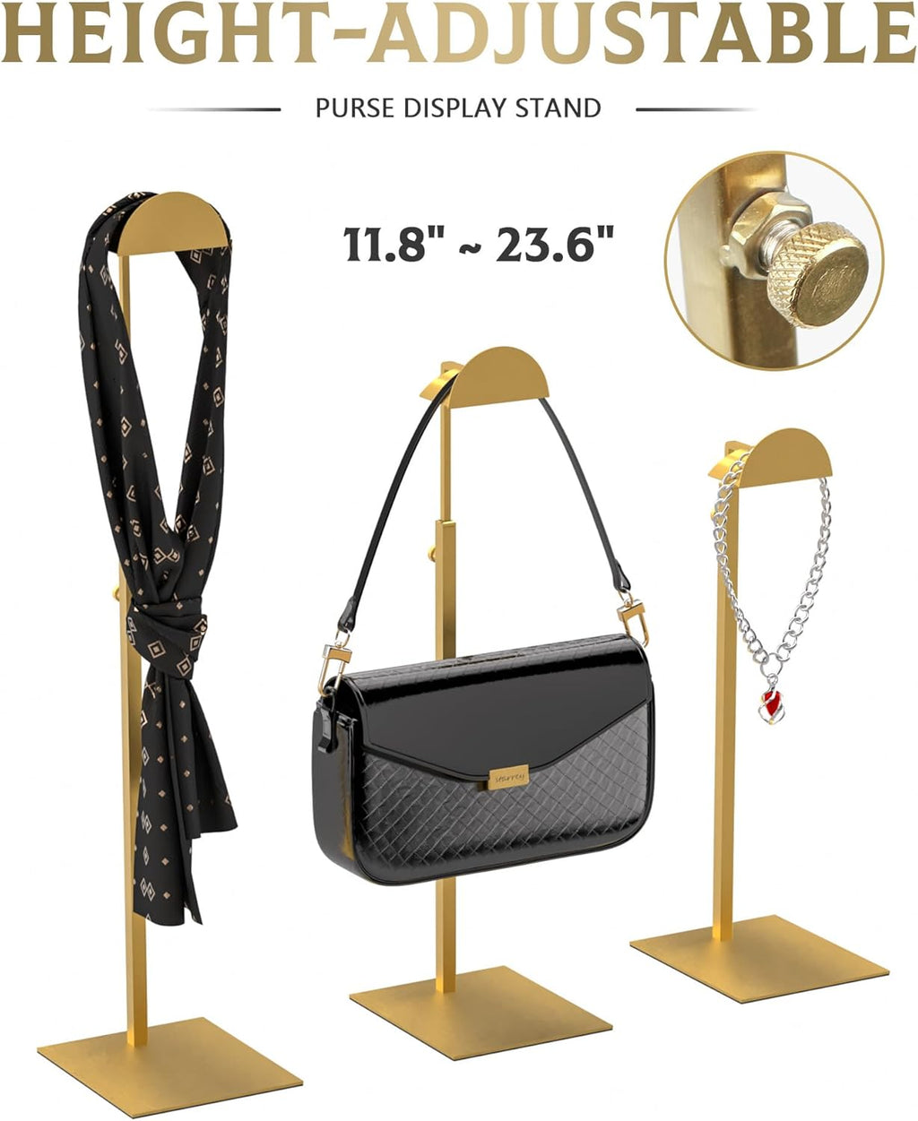 Purse Display Stand Adjustable Height Gold Purse Rack for Handbags Necklaces Scarves Hats & Headphones 14" - 24" Purse Hanger Shelf for Retail Display