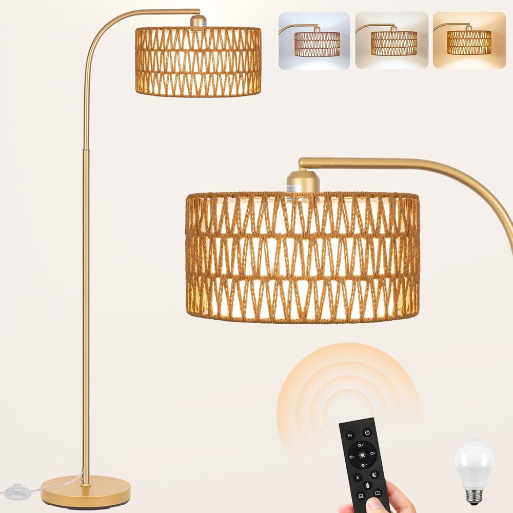 Gold Floor Lamps, Boho Floor Lamp for Room,Farmhouse Rattan Standing Lamps