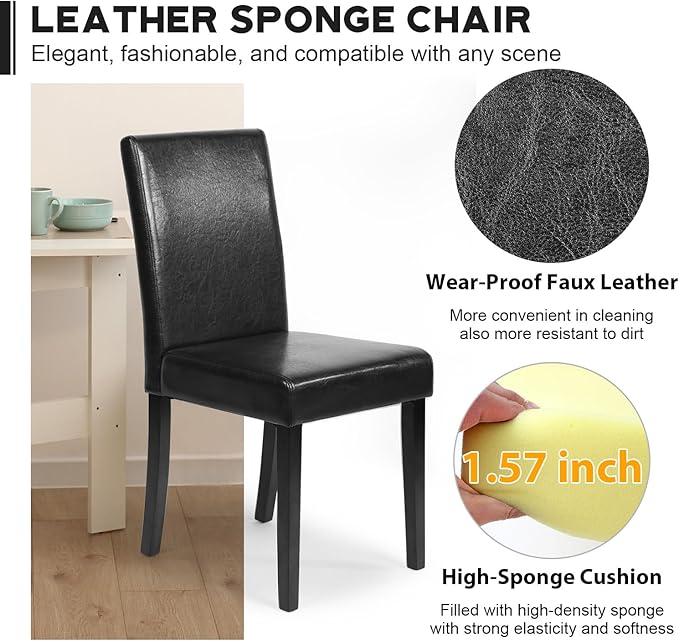 FDW Dining Chairs Set of 4,Dining Room Chairs,Side PU Cushion Chairs with Waterproof Surface and Wood Legs,for Kitchen Restaurant and Living Room,Leather Black
