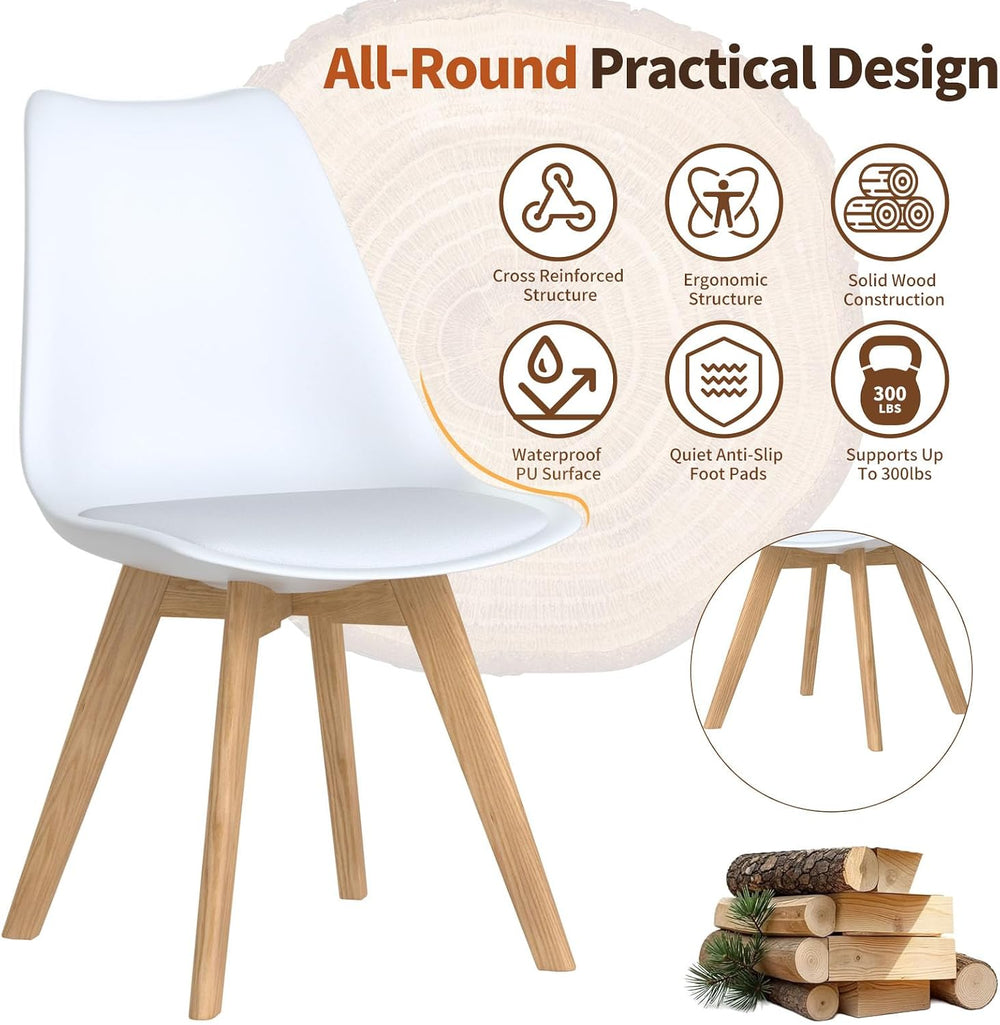 Dining Chairs Set of 4, Modern Leather Kitchen Chairs with Wood Legs | White ...