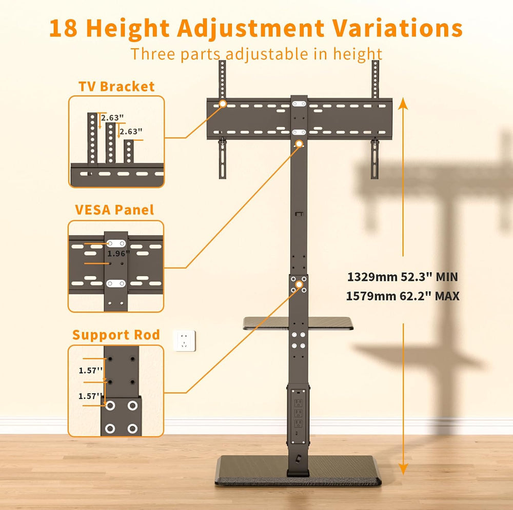 TV Floor Stand with Power Outlet & Removable Shelf for 32-75 Inch TVs | 1...