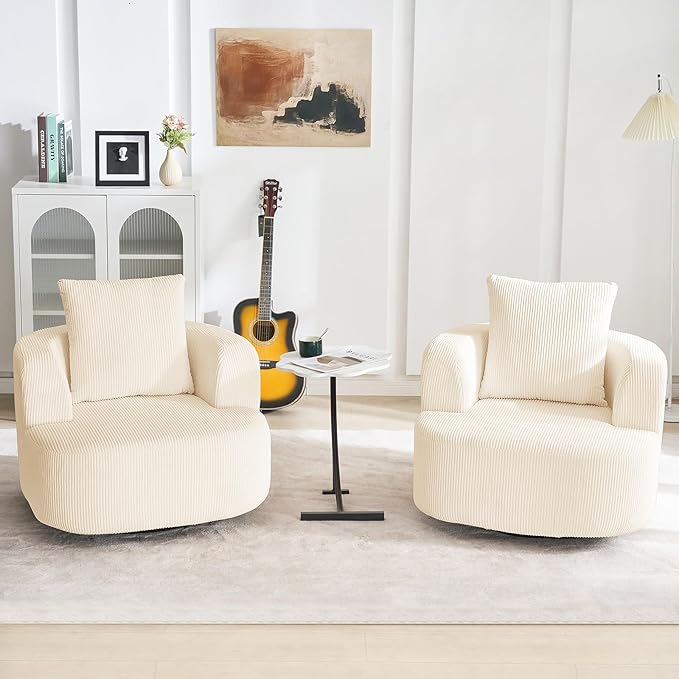 Furnimart 360° Swivel Barrel Accent Chair, Round Upholstered Comfy Lounge Chair, 34“ Corduroy High-Resilienc Foam Single Sofa, No Assembly Wide Seat for Living Room, Bedroom, Apartment (Beige)