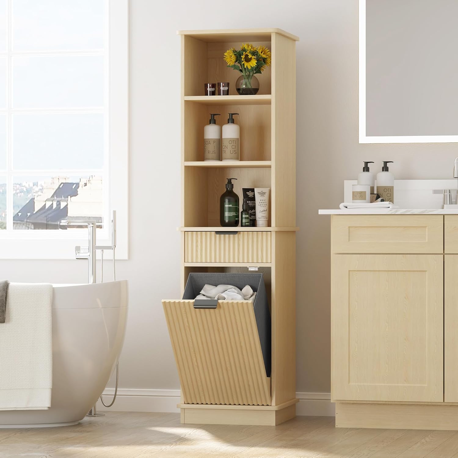 Natural Tilt Out Laundry Hamper Tall Bathroom Storage Cabinet Hidden Laundry Hamper Cabinet with Drawers and Baskets for Bathroom Hamper with Storage for Bedroom,16x16x59in