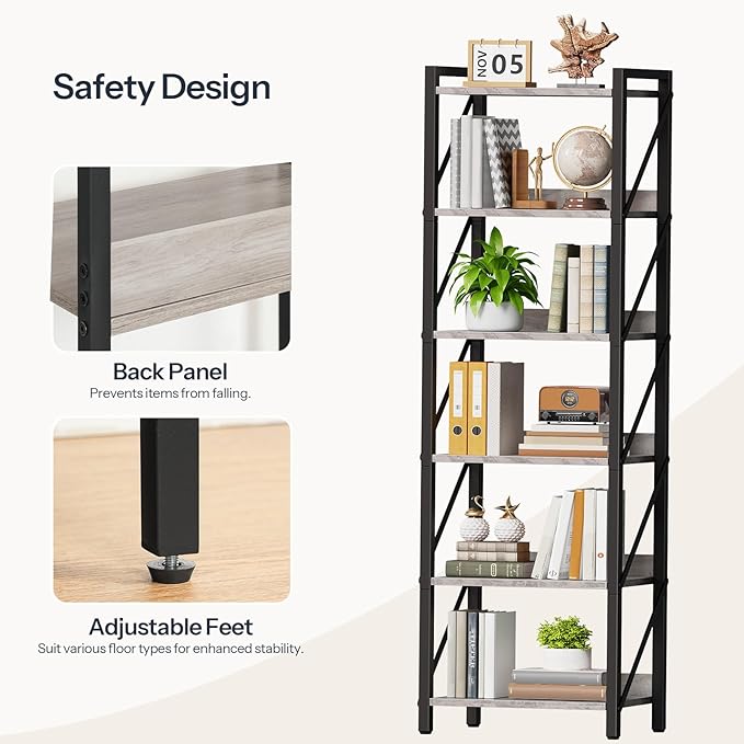 HOOBRO Bookshelf, 6-Tier Industrial Bookcase, Book Shelf Storage Organizer, T...