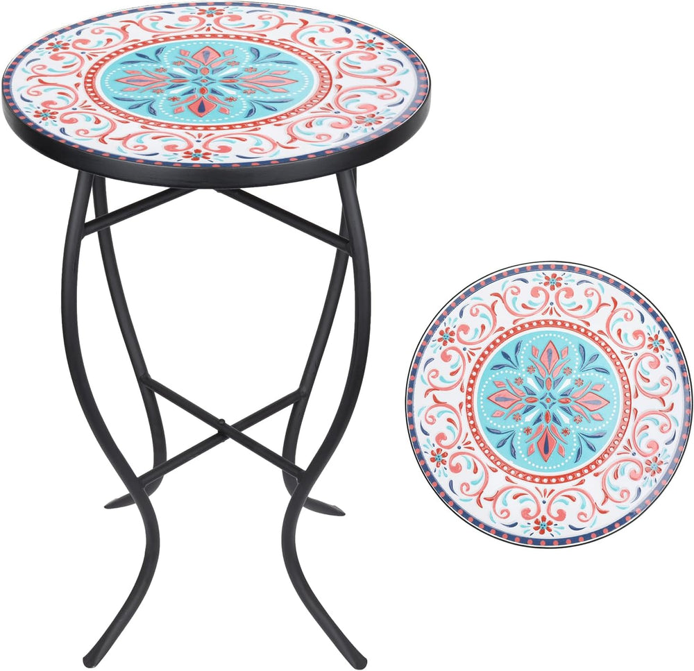 VCUTEKA Mosaic Outdoor Side Table, 14" Round Small Patio Accent Table