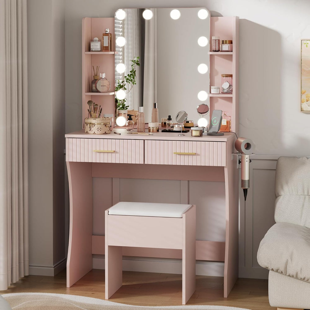 Otterease 31" Makeup Vanity Desk with LED Mirror and Storage Stool, Pink...