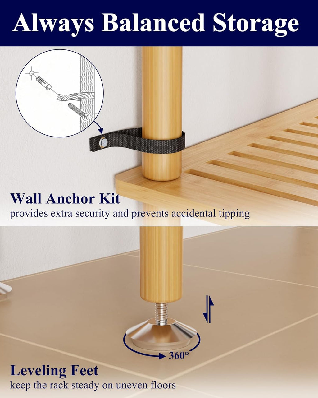 Kitsure Over The Toilet Shelf - 3-Tier Bamboo Bathroom Organizers and Storage with Paper Holder, Over Toilet Bathroom Organizer with Wall Anchor for Balcony, Laundry, Natural, 3 Tiers (63" H)