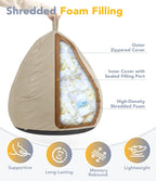 Outdoor Kids Bean Bag Chair with Shredded Foam Filling, Beige | For Patio Classroom Relaxing, Splash-Proof Detachable Zipper Cover with a Handle, Small Child Beanbag Reading Sofa Chair