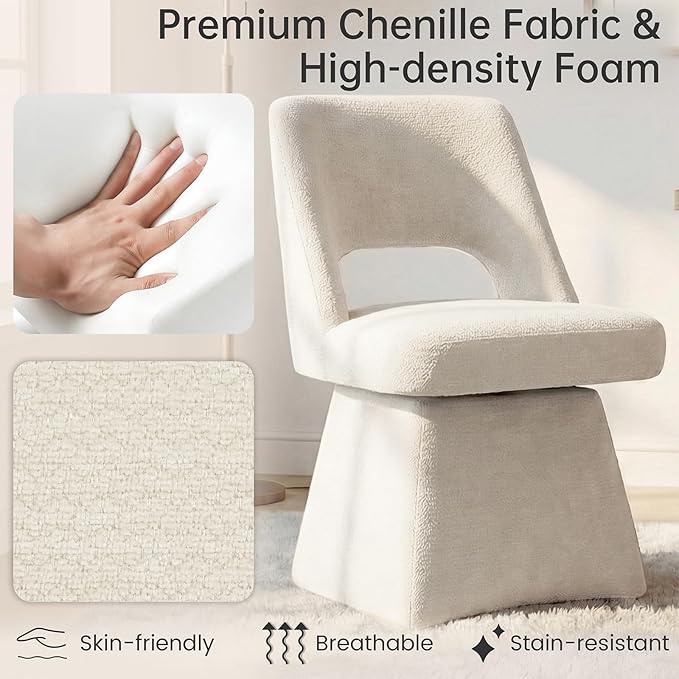 VKNOW Upholstered Swivel Dining Chairs Set of 4, Modern Dining Room Chairs with Open Back, Chenille Fabric Kitchen Chairs for Dining Room, Living Room, Bedroom, Vanity, Beige