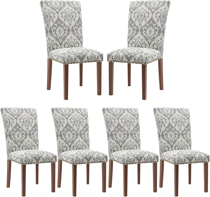 Stylish Dining Chairs Set of 6, Upholstered Parsons Dining Room Chair with Nailhead Trim, Kitchen Room Chair with Thick Cushions and Wood Legs, Nailhead Trim, SKY2050A-01