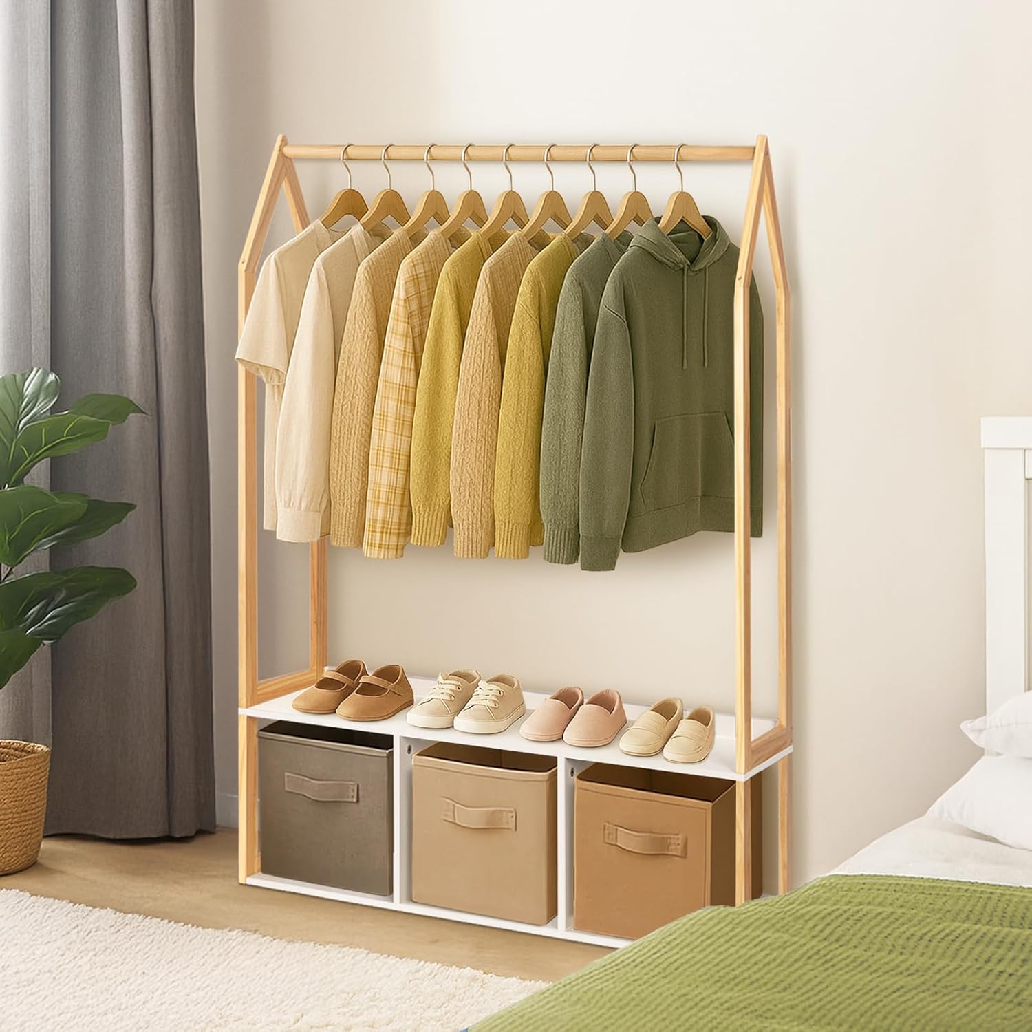 Wood Clothes Rack with Storage, Freestanding Clothing Racks for Hanging Clothes Garment Rack for Bedroom, Entryway, Living Room