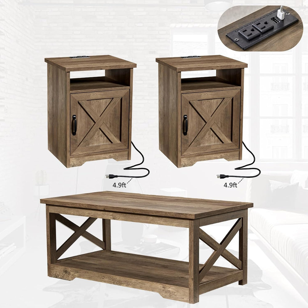 AMERLIFE 3 Piece Farmhouse Living Room Coffee Table Set, Barnwood | Coffee Ta...