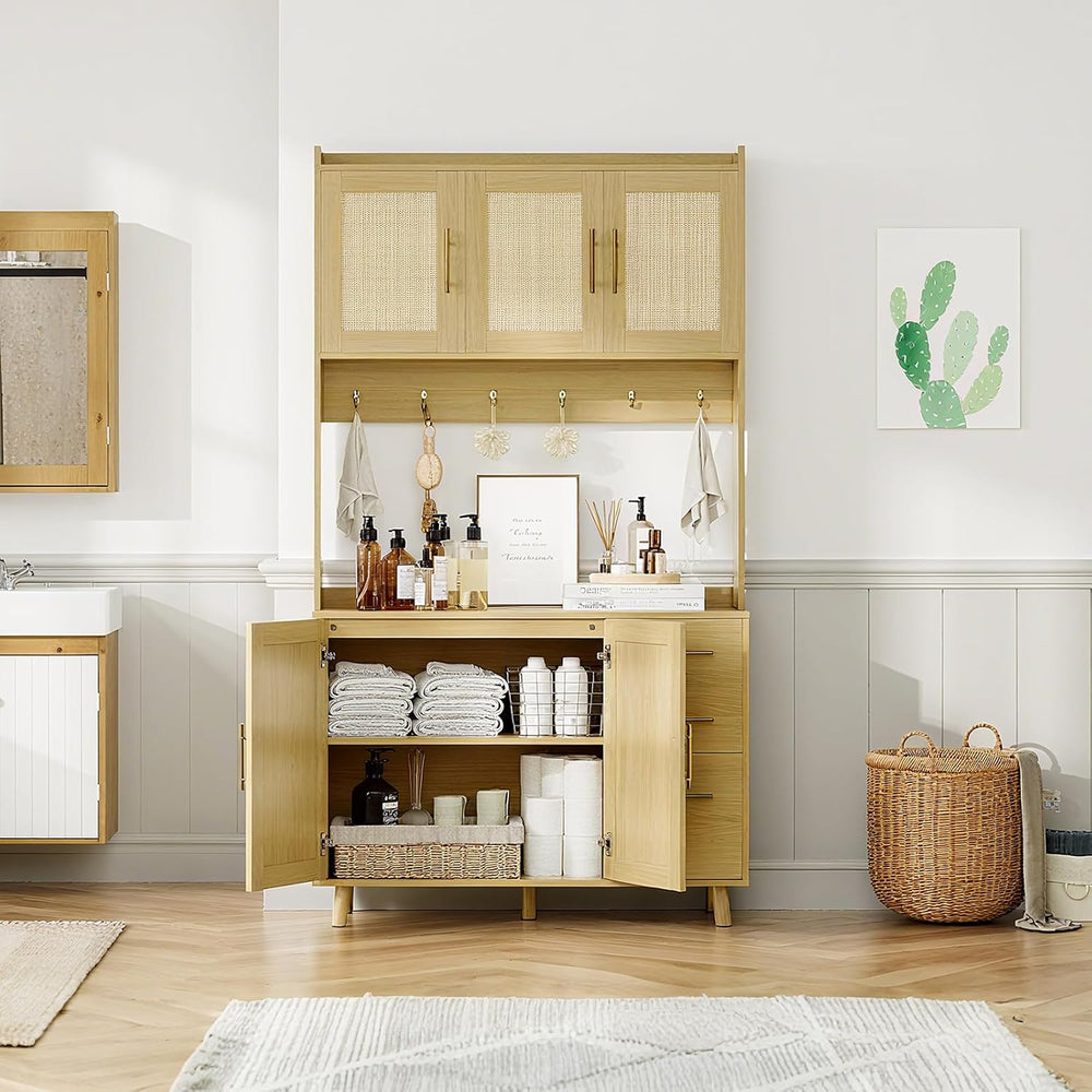 71" Tall Rattan Door Kitchen Pantry Cabinet, Freestanding Storage Hutch ...