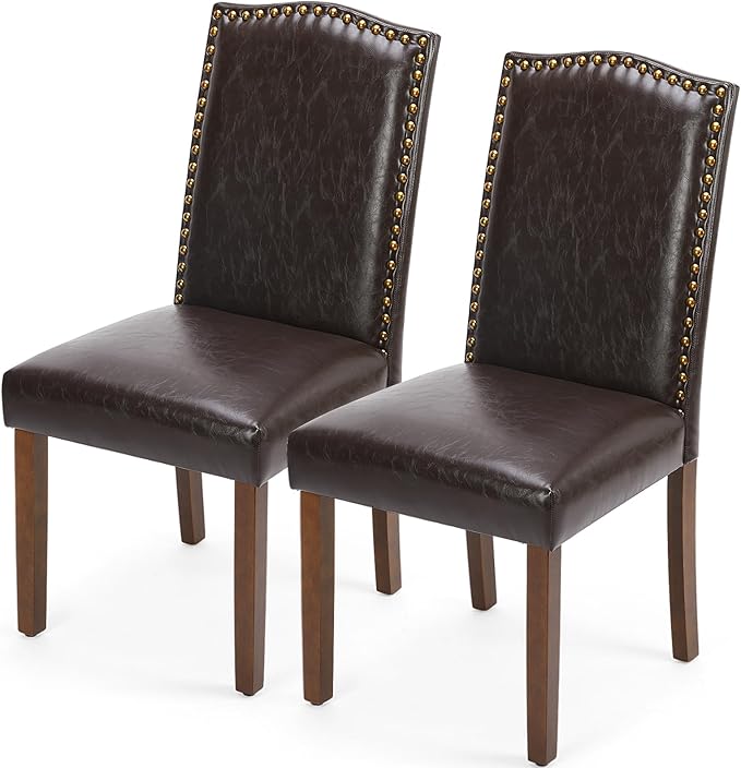 DUMOS Upholstered Dining Chairs，Set of 2 PU Leather Dining Room Kitchen Chair with Nailhead Trim and Wood Legs, Modern Side Chairs for Living Room-Brown