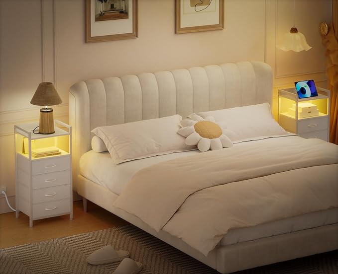 Furnulem White Nightstand with Charging Station, Night Stand Side Table with ...