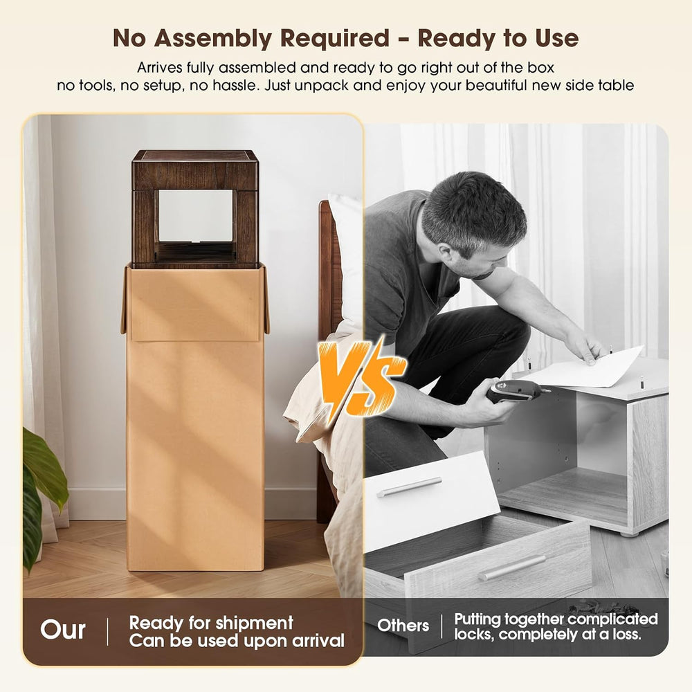 Multi Use Side End Table with Charging Station for Living Room, Solid Wood Sm...