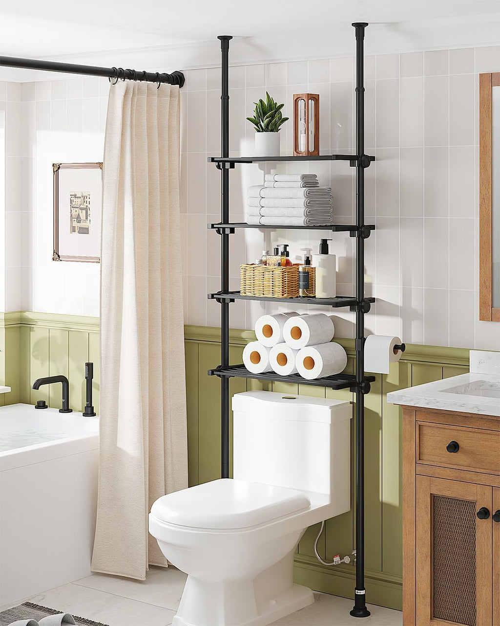 ALLZONE Adjustable Over The Toilet Storage Shelf, 4-Tier Ample Over Toilet Bathroom Organizer and Storage,Tension Mounted Above Toilet Storage Cabinet for Versatility, Fits 64-113 Inch Heights, Black