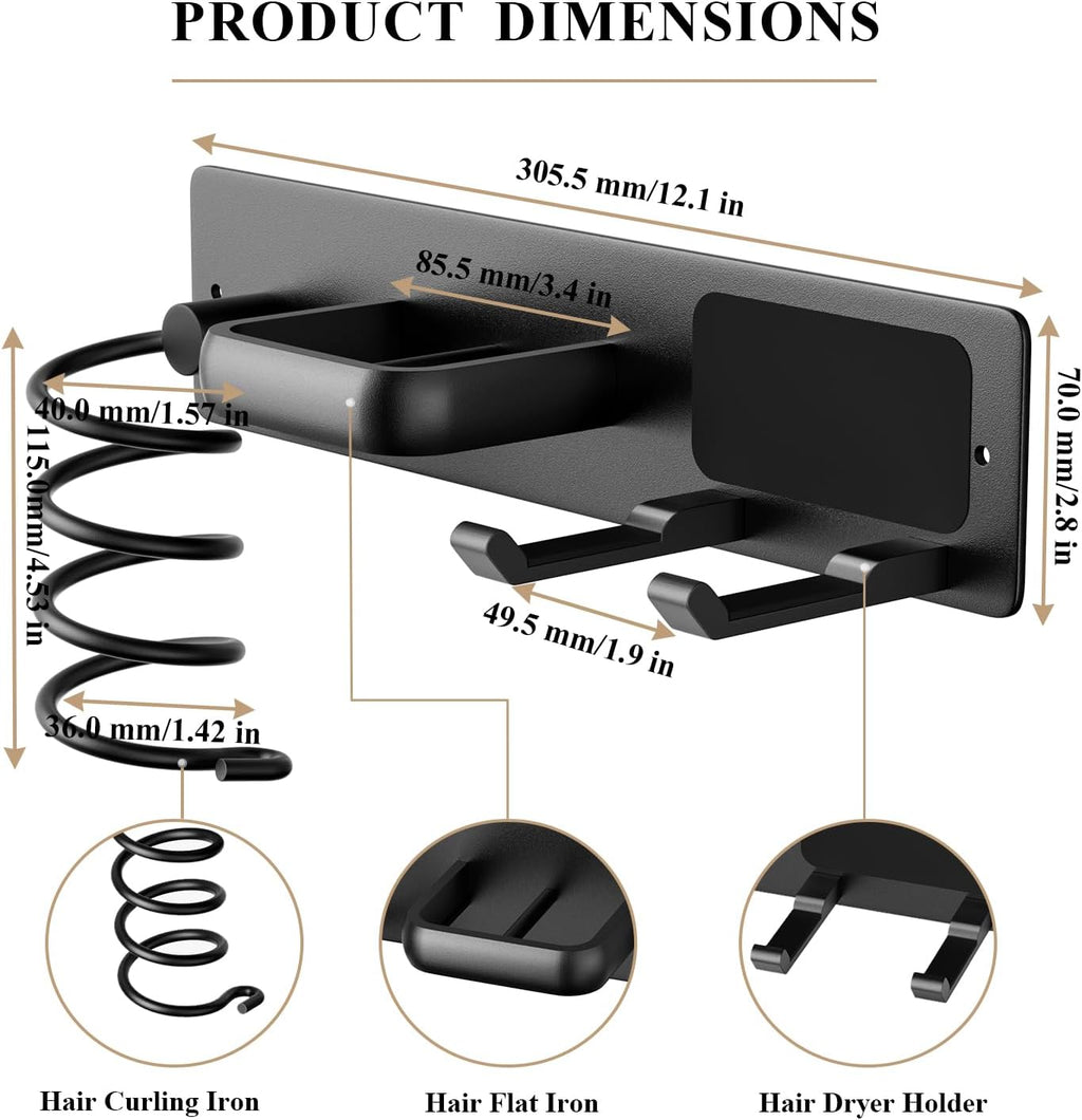 BSICPRO Hair Dryer Holder-3 in 1 Blow Dryer Holder-Metal Bathroom Hair Tool Organizer Wall Mounted-Bathroom Organizer for Hairdryer Curling Iron Flat Iron (Black)