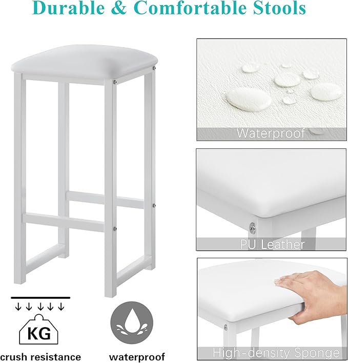 VECELO Small Bar Table and Chairs Set for 2, Upholstered Stools & Glass Storage Shelves, for Kitchen Dining Breakfast Nook, Space-Saving, Natural & White
