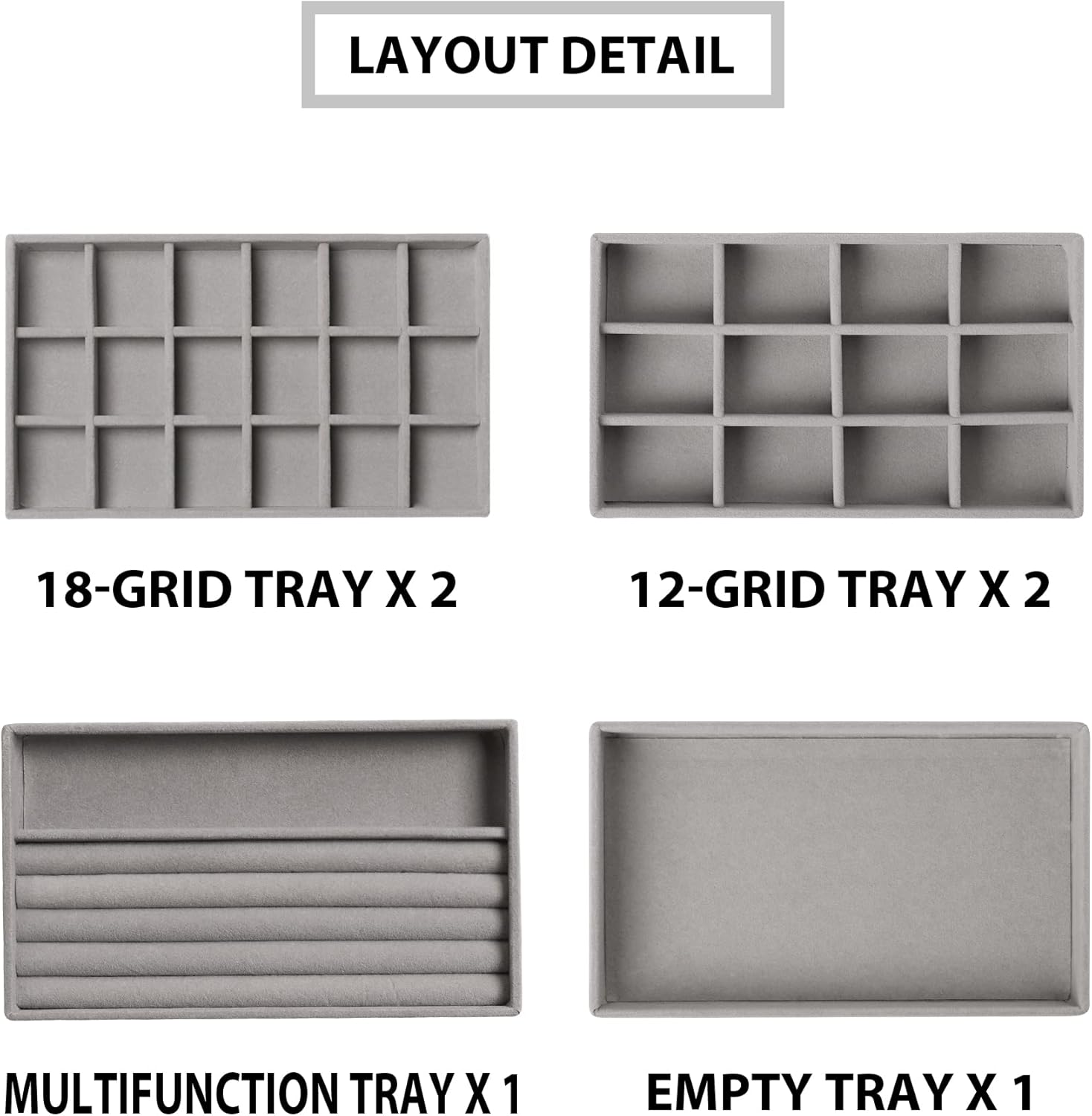 Frebeauty Jewelry Organizer Tray,Stackable Velvet Jewelry Trays,Drawer Inserts Earring Organizer For Women Jewelry Storage Display Case for Rings Stud Necklaces,Set of 6(Grey)