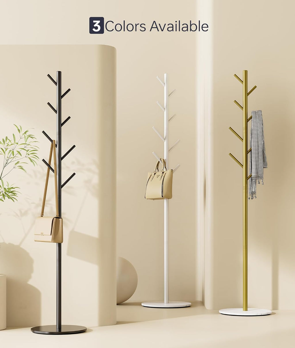 Coat Rack with 8 Hooks, 3 Adjustable Heights, Modern Hall Tree, Sturdy Metal Clothes Stand with Sintered Stone Base for Entryway, Office, Bedroom, for Coats, Hats, Handbags and Scarves, Black