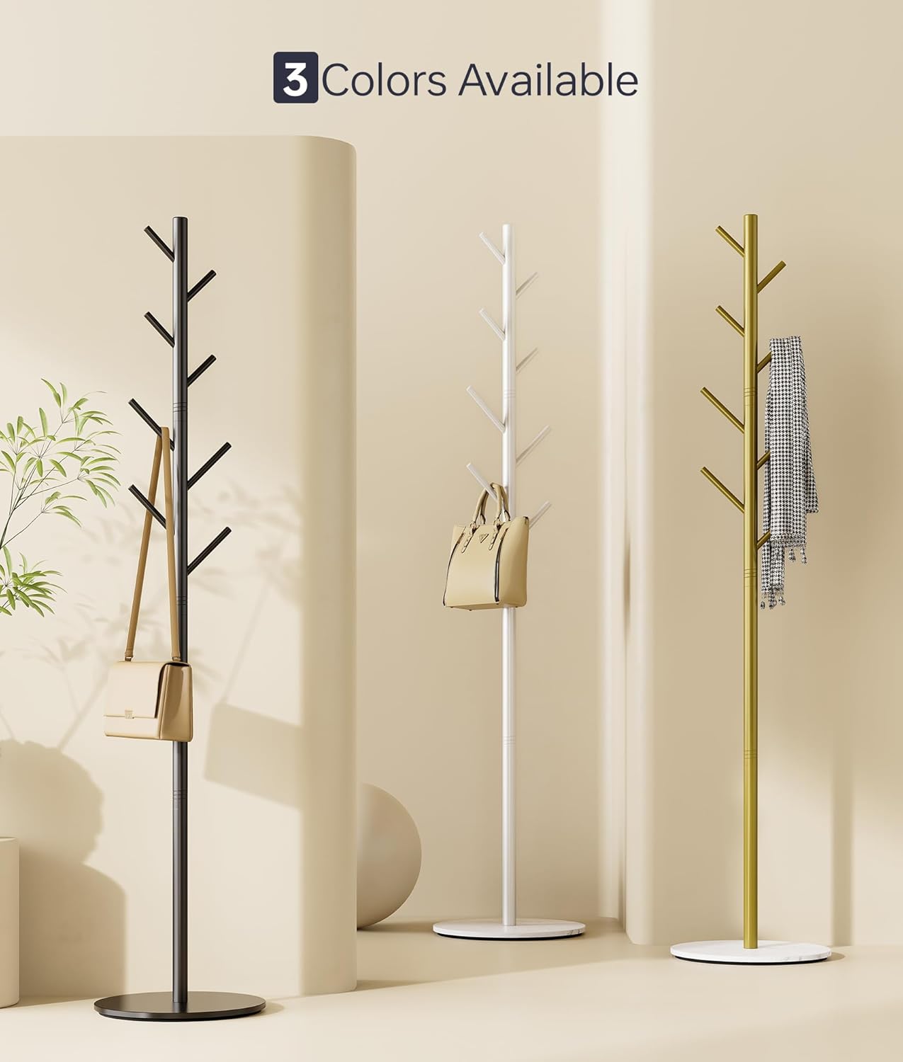 Coat Rack with 8 Hooks, 3 Adjustable Heights, Modern Hall Tree, Sturdy Metal Clothes Stand with Sintered Stone Base for Entryway, Office, Bedroom, for Coats, Hats, Handbags and Scarves, Black