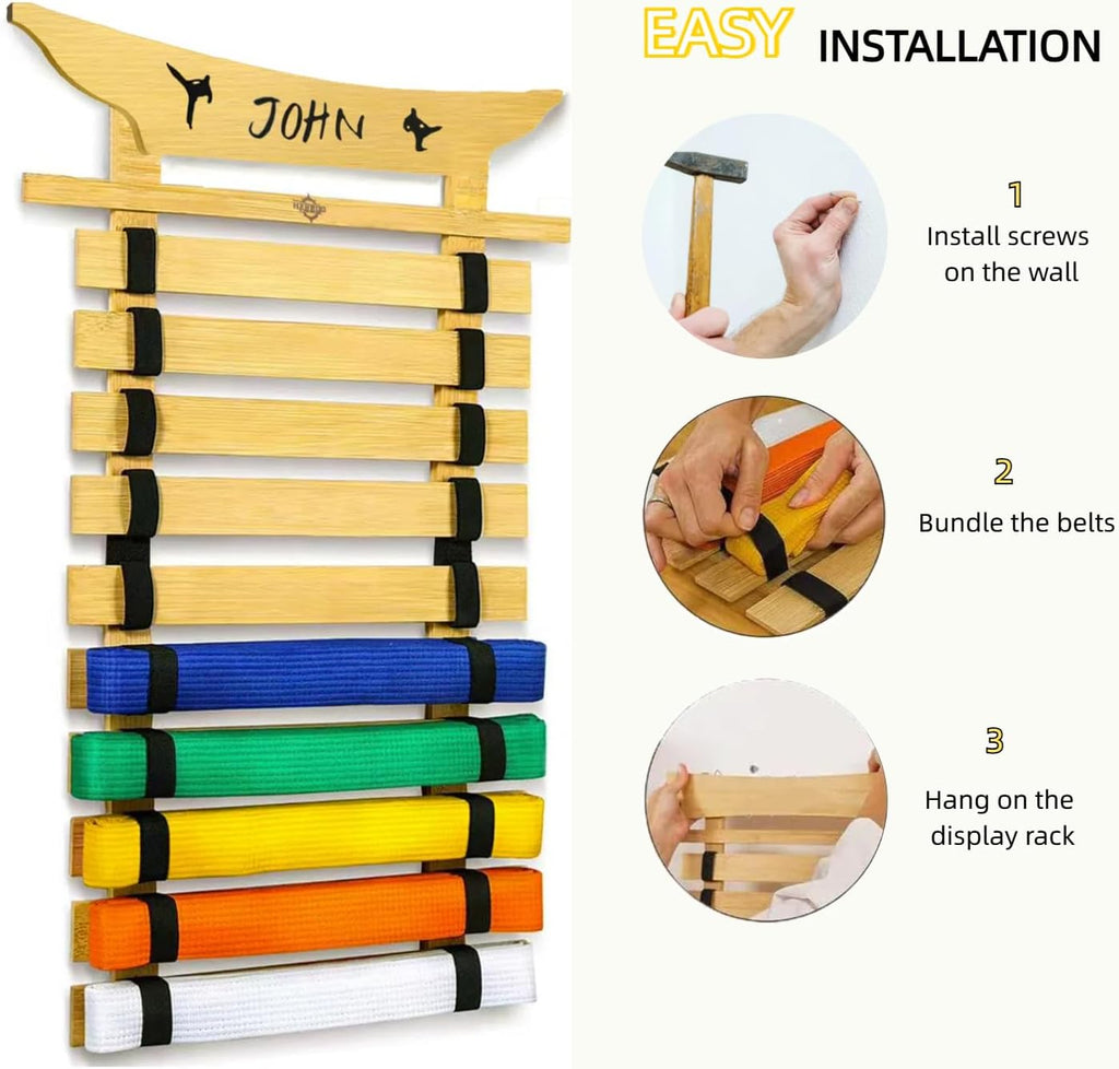 10Belts Taekwondo Belt Display, Rack with Stickers, Martial Arts Belt Display Holder, Karate Belt Jiu Jitsu Belt BJJ Belt Display Hanging Holder for Kids and Adults Gifts