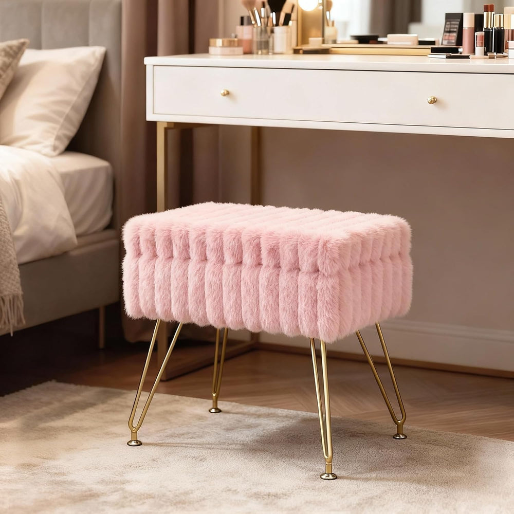 Vanity Stool Chair with Storage, Faux Fur Soft Padded Ottoman with Coffee Tab...