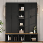 Modern 63'' Wide Hall Tree with 6 Hidden Hanging Hooks, Brown Wood Grain Minimalist Shoe Cabinet with Open Compartments, Entryway Coat Rack for Living Room Hallway (Black-4.23)
