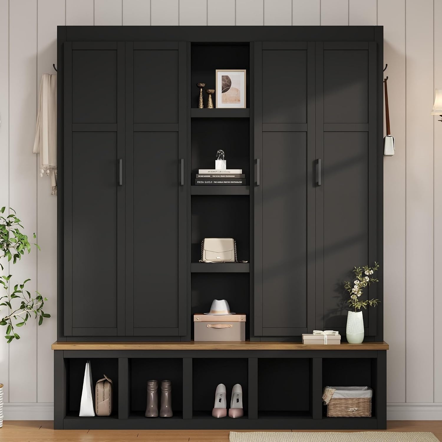 Modern 63'' Wide Hall Tree with 6 Hidden Hanging Hooks, Brown Wood Grain Minimalist Shoe Cabinet with Open Compartments, Entryway Coat Rack for Living Room Hallway (Black-4.23)