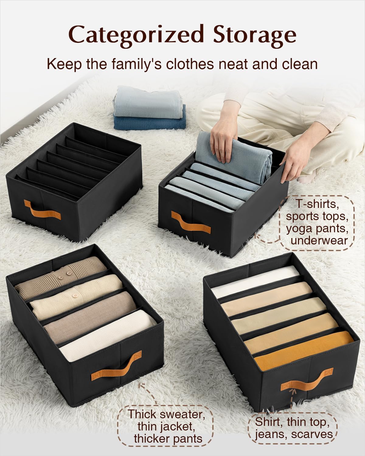 Clothes Organizers and Storage - 4/5/7 Grids Fabric Jeans Organizer with Handles, Foldable Closet Organizers Dividers, Wardrobe organizer for Pant, Sweater, T-shirt, Scarf, 6 Pack, Black