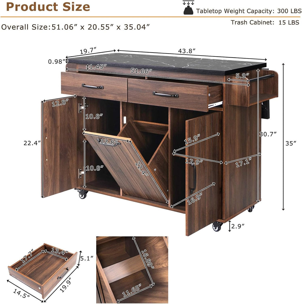 Kitchen Island with Trash Can Storage, Rolling Kitchen Cart on Wheels with Drop Leaf, Drawers, Adjustable Shelf and Tilt Out Trash Can Cabinet for 15 Gallon Garbage Bin, Brown