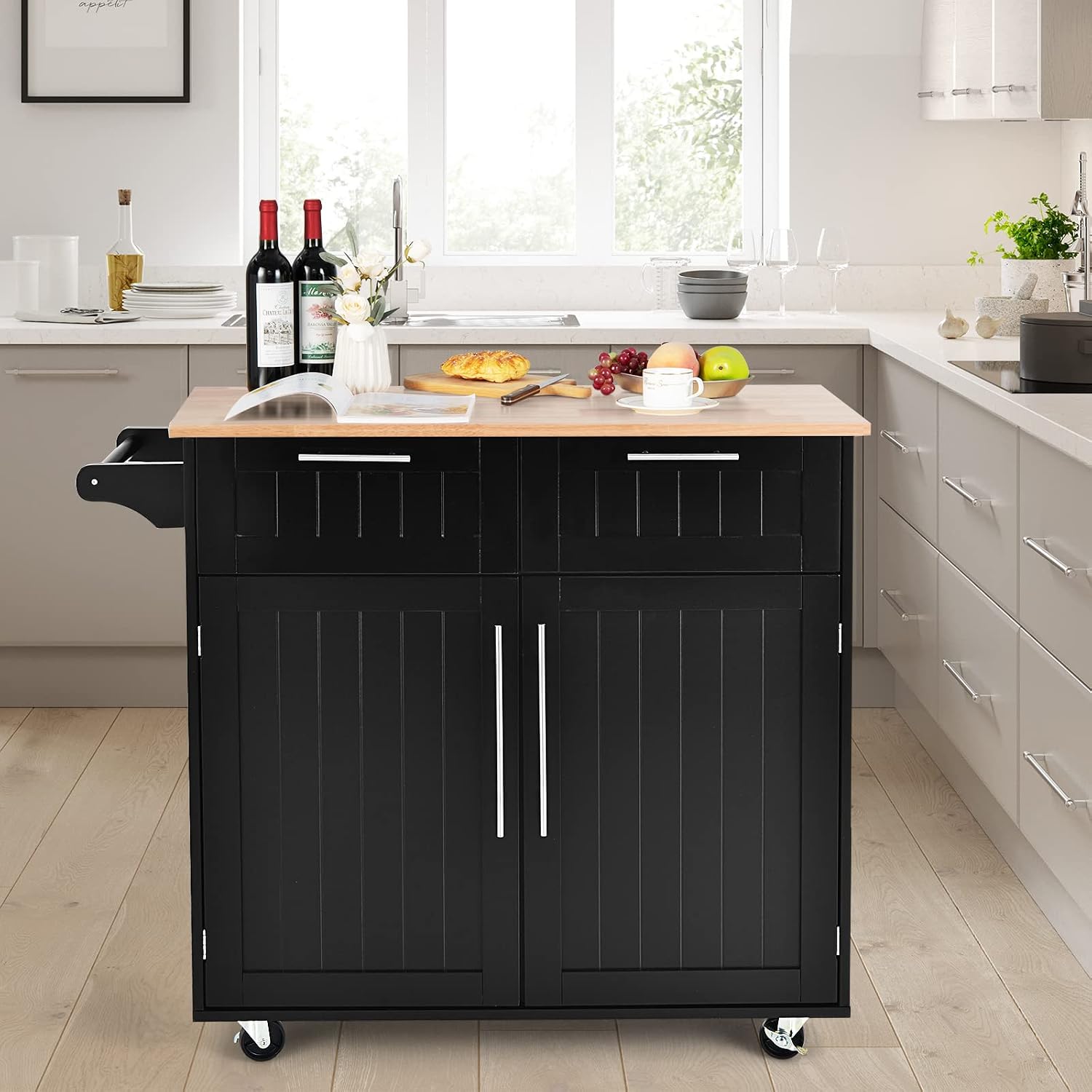 COSTWAY Kitchen Island Cart on Wheels, with Side Towel Bar, 2 Drawers, 2 Door Cabinet, Rolling Storage Trolley Cart with Rubber Wood Top & Lockable Casters (Black)