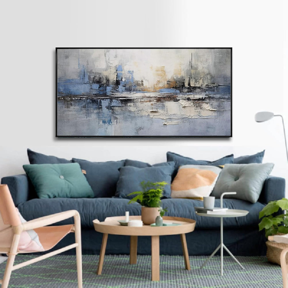Abstract Wall Art Blue and White Reflection Large Size Framed Artwork Wall De...