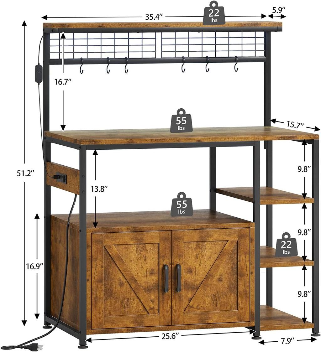 TVU Bakers Rack with Power Outlet and LED Light, Microwave Stand with Storage Cabinet, Coffee Bar Cabinet Station with 6 Hooks for Kitchen, Dining Room, Living Room, Coffee Bar, Rustic Brown, Black