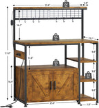 TVU Bakers Rack with Power Outlet and LED Light, Microwave Stand with Storage Cabinet, Coffee Bar Cabinet Station with 6 Hooks for Kitchen, Dining Room, Living Room, Coffee Bar, Rustic Brown, Black
