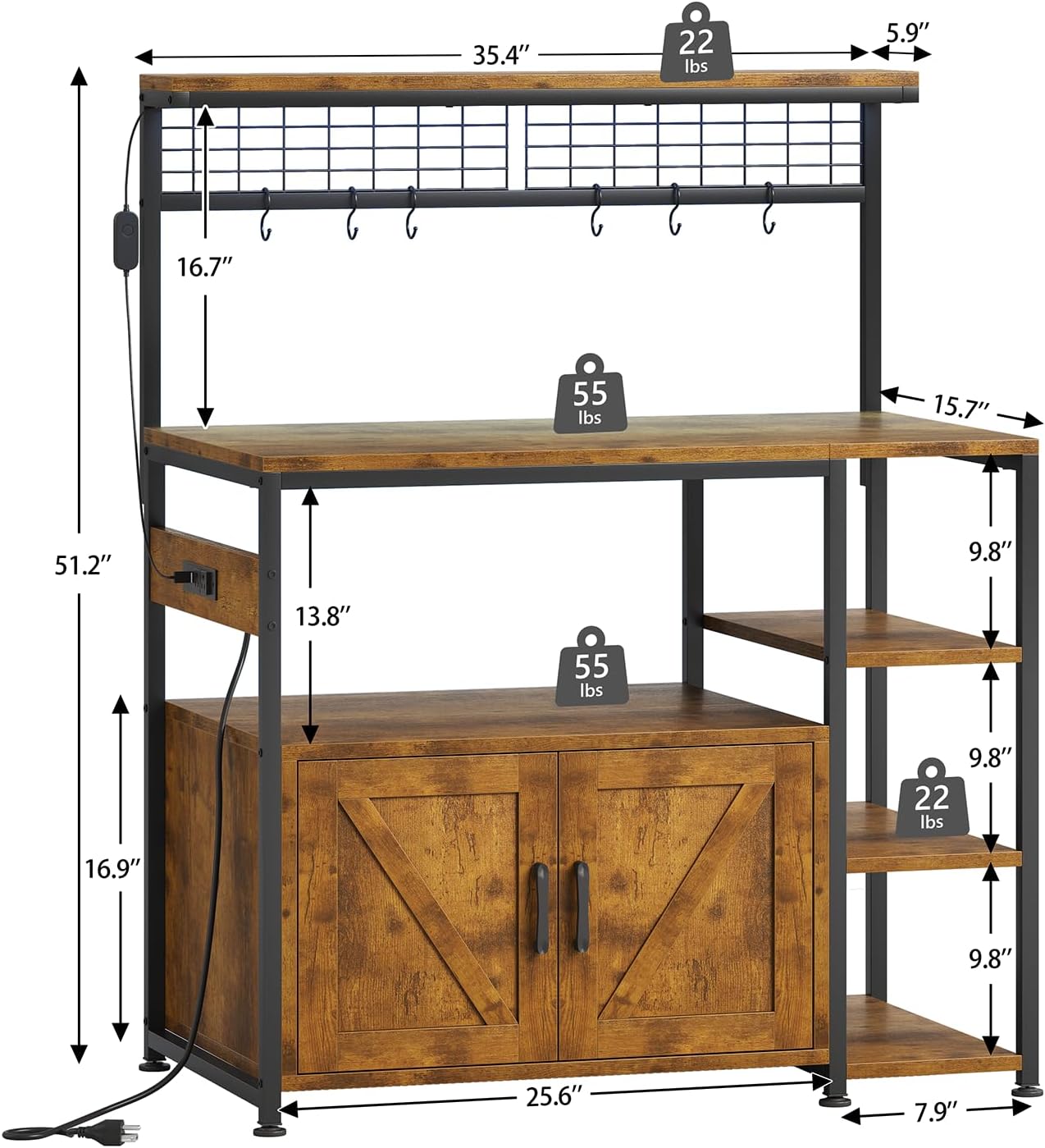TVU Bakers Rack with Power Outlet and LED Light, Microwave Stand with Storage Cabinet, Coffee Bar Cabinet Station with 6 Hooks for Kitchen, Dining Room, Living Room, Coffee Bar, Rustic Brown, Black