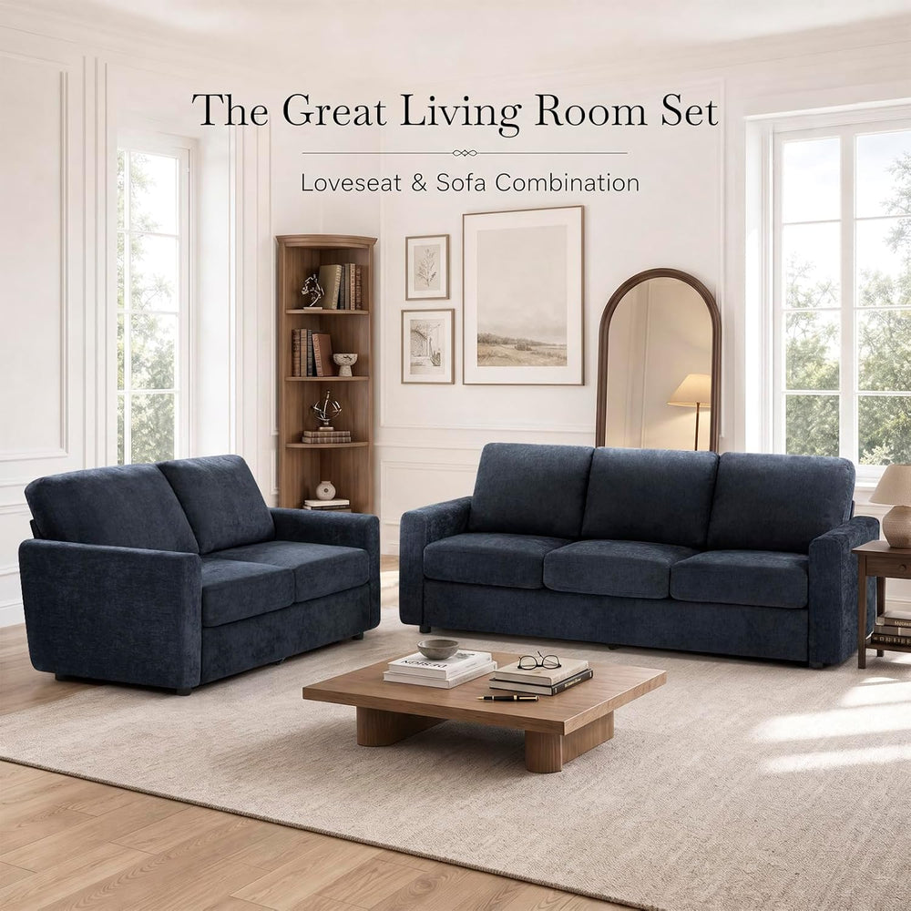 2 Pieces Chenille Sofa Sets w/Comfortable Back Cushions, Blue