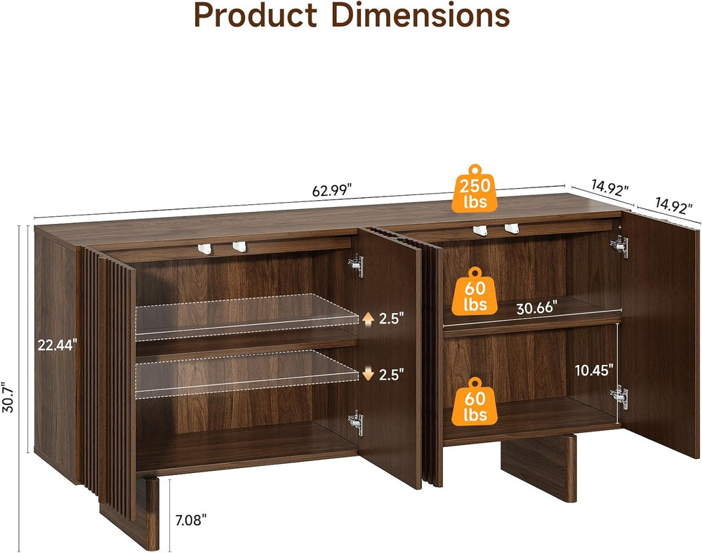 ONBRILL 63" Fluted Sideboard Cabinet with Storage Adjustable Shelves Walnut