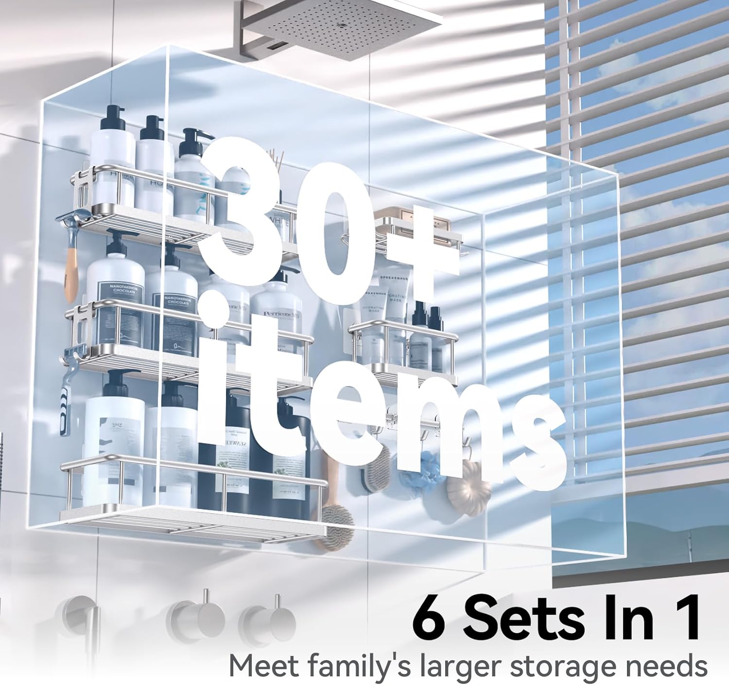 YASONIC Shower Caddy, Large Capacity Bath Organizer with Soap Holder and 12 Hooks, 6 Pack Rustproof Bathroom Shelves for Inside Shower, No Drilling&Sleek Bathroom Organizers and Storage Silver