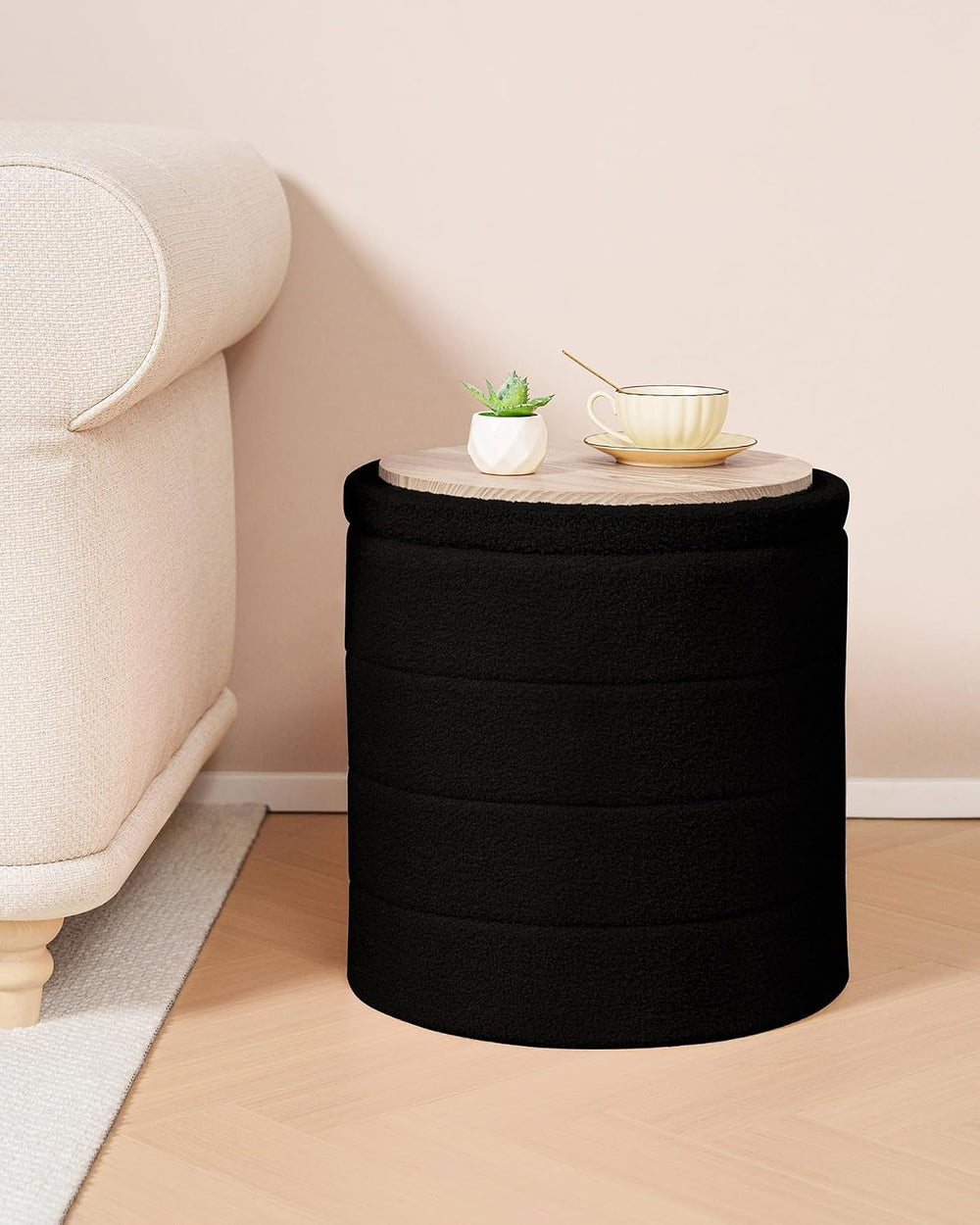 B FSOBEIIALEO Folding Storage Ottoman, Round Sherpa Ottomans, Black | 16.9&qu...