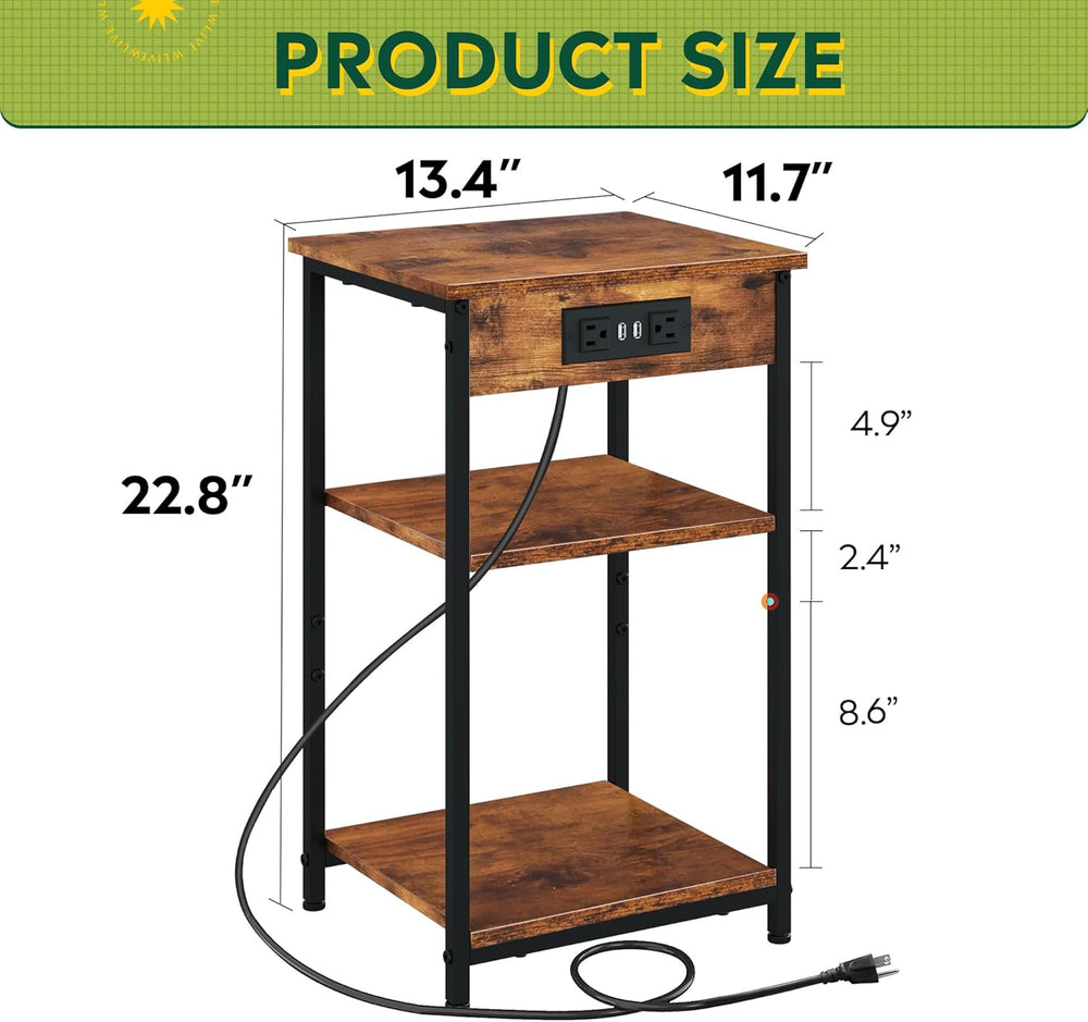 WLIVE End Table with Charging Station, Small Night Stand with Storage Adjusta...