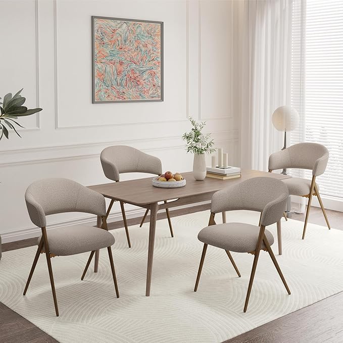 Dining Room Chairs Set of 4, Upholstered Dining Room Chairs, Mid Century Fabric Kitchen Chairs with Curved Backrest and Metal Legs, Taupe