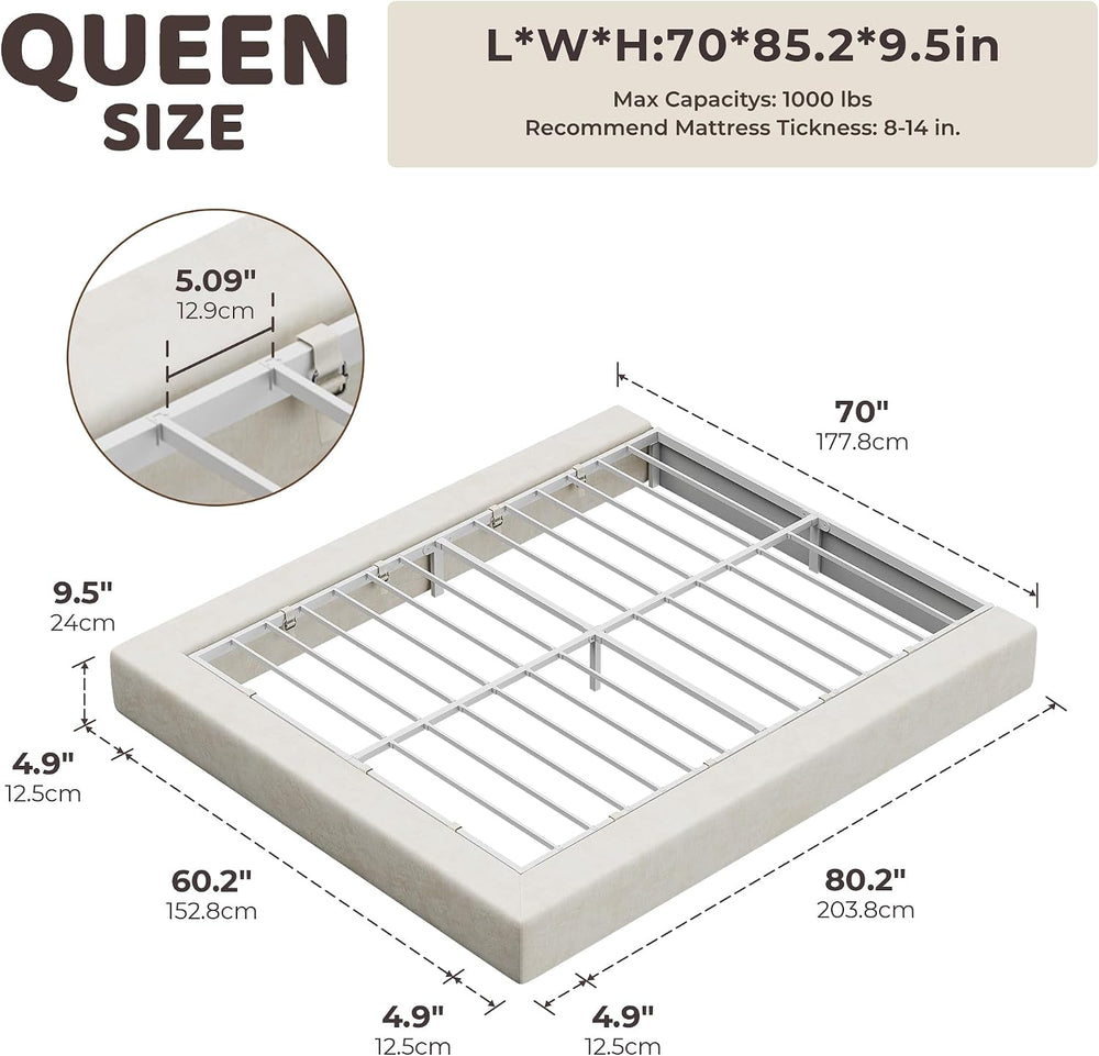 RECCI AirFrame Queen Upholstered Bed Frame with Square Cushioned Base